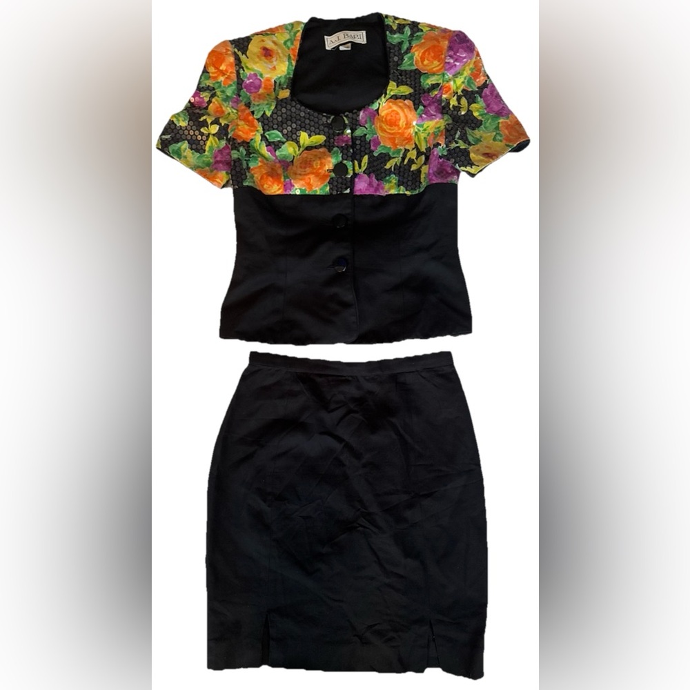 Vintage A.J.Bari Suit Set, Mini Skirt, Short Sleeve Sequin Jacket Floral 1980’s